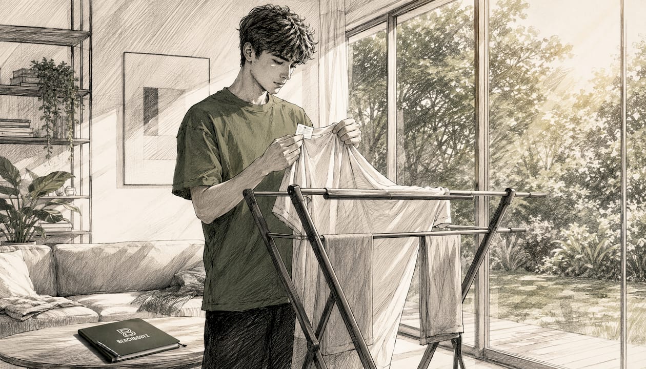 Someone carefully hangs their laundry to dry to protect the fabrics.