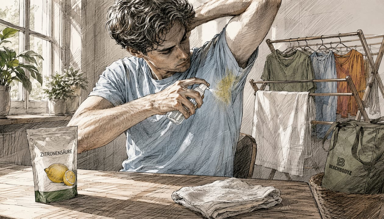 Un homme s'attaque aux taches de sueur tenaces sur son t-shirt