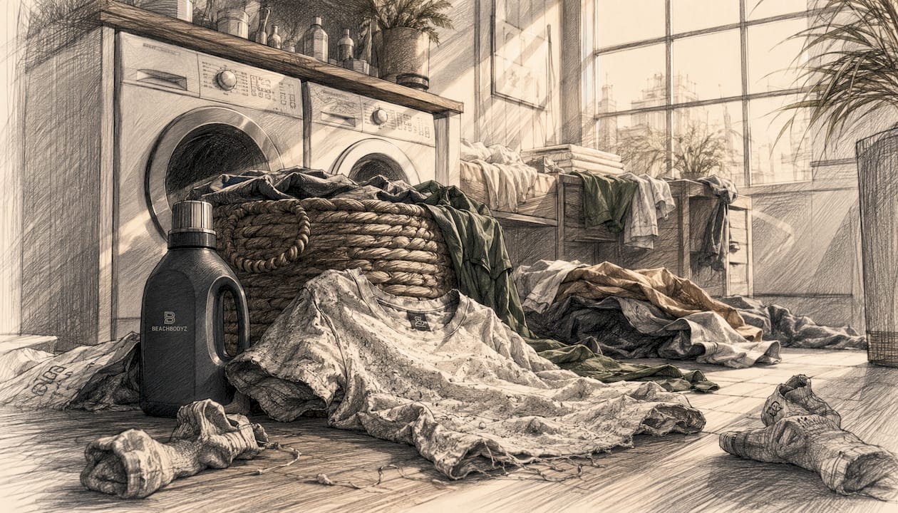 Blick von oben auf abgetragene Fast-Fashion-Kleidung, die sich in einem Wäschekorb sammelt.