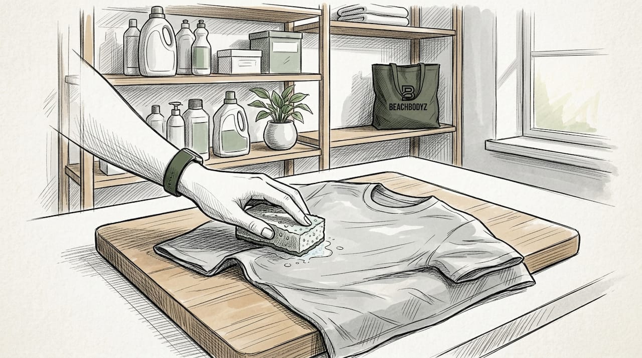 Mit der Hand wird ein Enzymreiniger auf das Polyestermaterial aufgetragen.