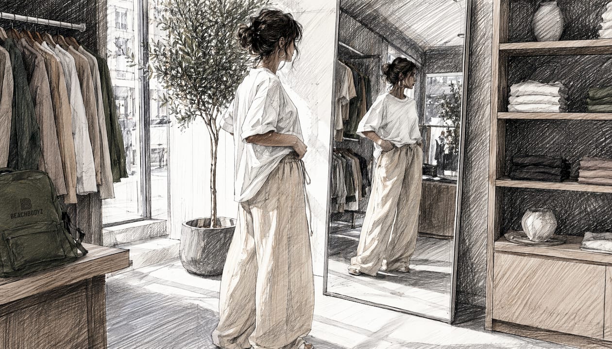 Eine Frau trägt eine weite Hose und ein lockeres Oversize-Shirt, während sie in ihrem Atelier arbeitet.