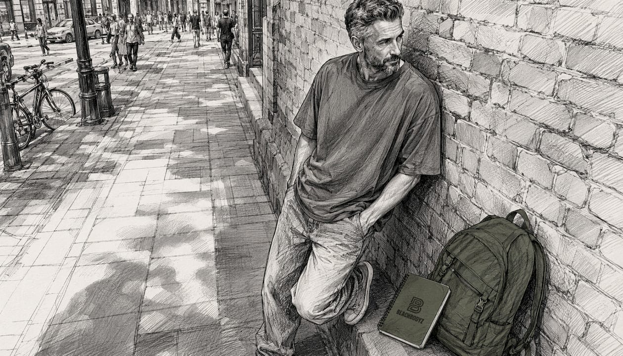 Lässiger Streetstyle: Mann trägt weites T-Shirt und Chinohose in urbaner Kulisse