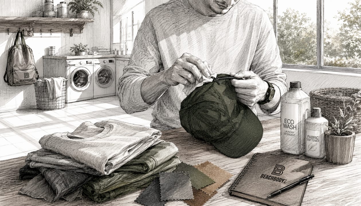 Hände überprüfen den Reißverschluss einer Jacke aus recyceltem Material.