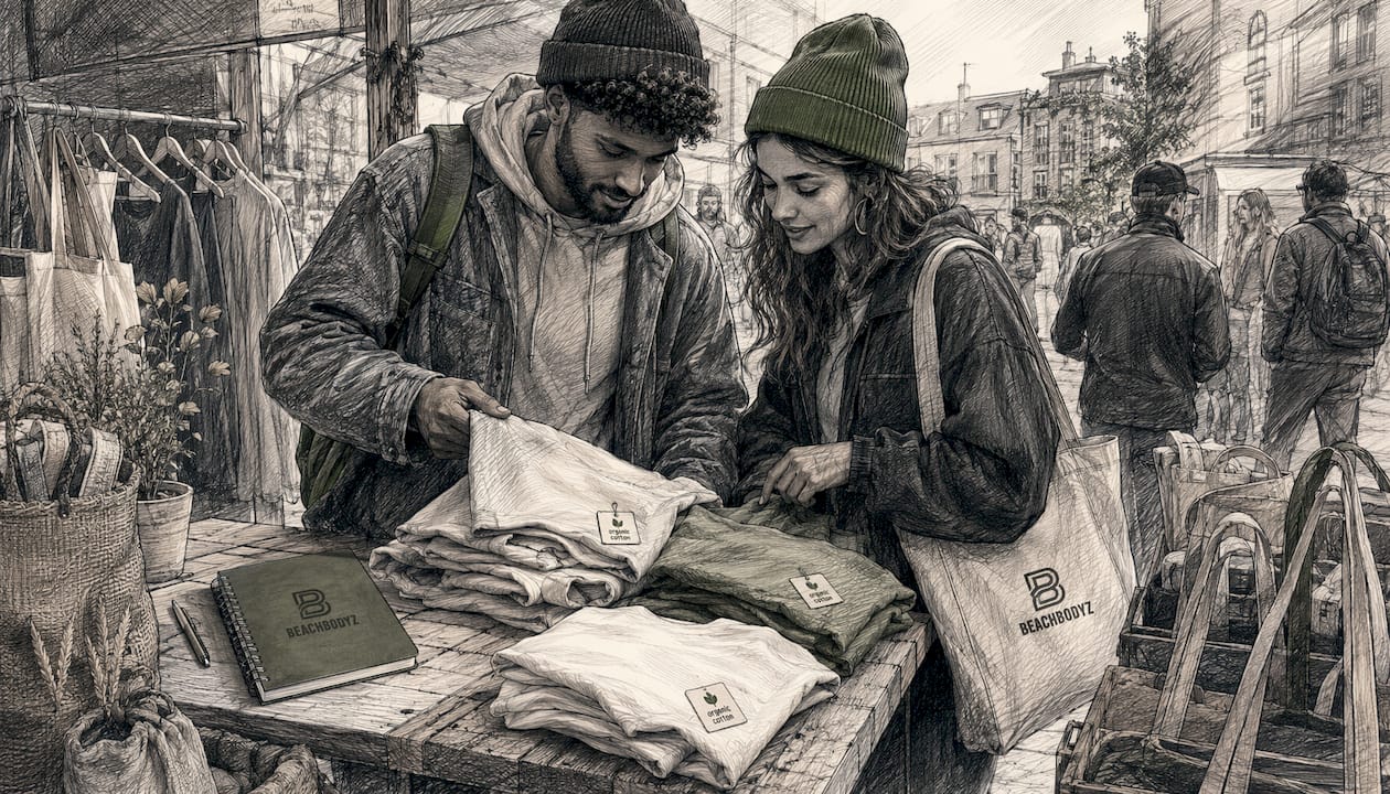 Kundinnen und Kunden stöbern auf dem Marktstand und begutachten Kleidung mit GOTS-Zertifikat.
