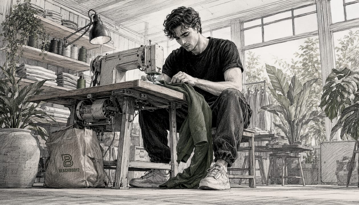 In seinem Atelier entwirft und fertigt ein Mann moderne Streetwear aus nachhaltigen Materialien.