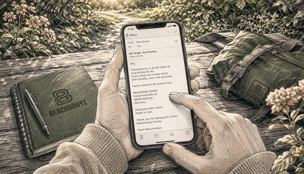 Eine Hand kontrolliert die Herkunftsinformation auf dem Smartphone.