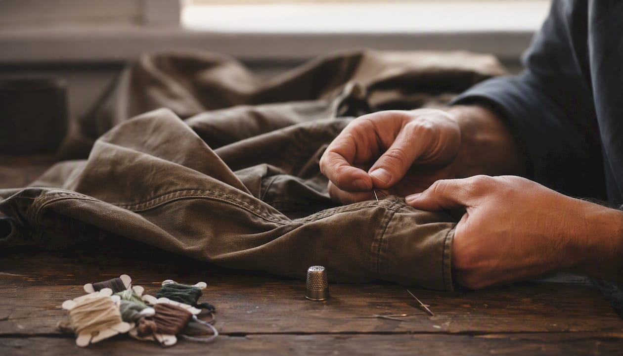 Mit geschickten Händen wird eine Naht an einer Streetwear-Jacke ausgebessert.