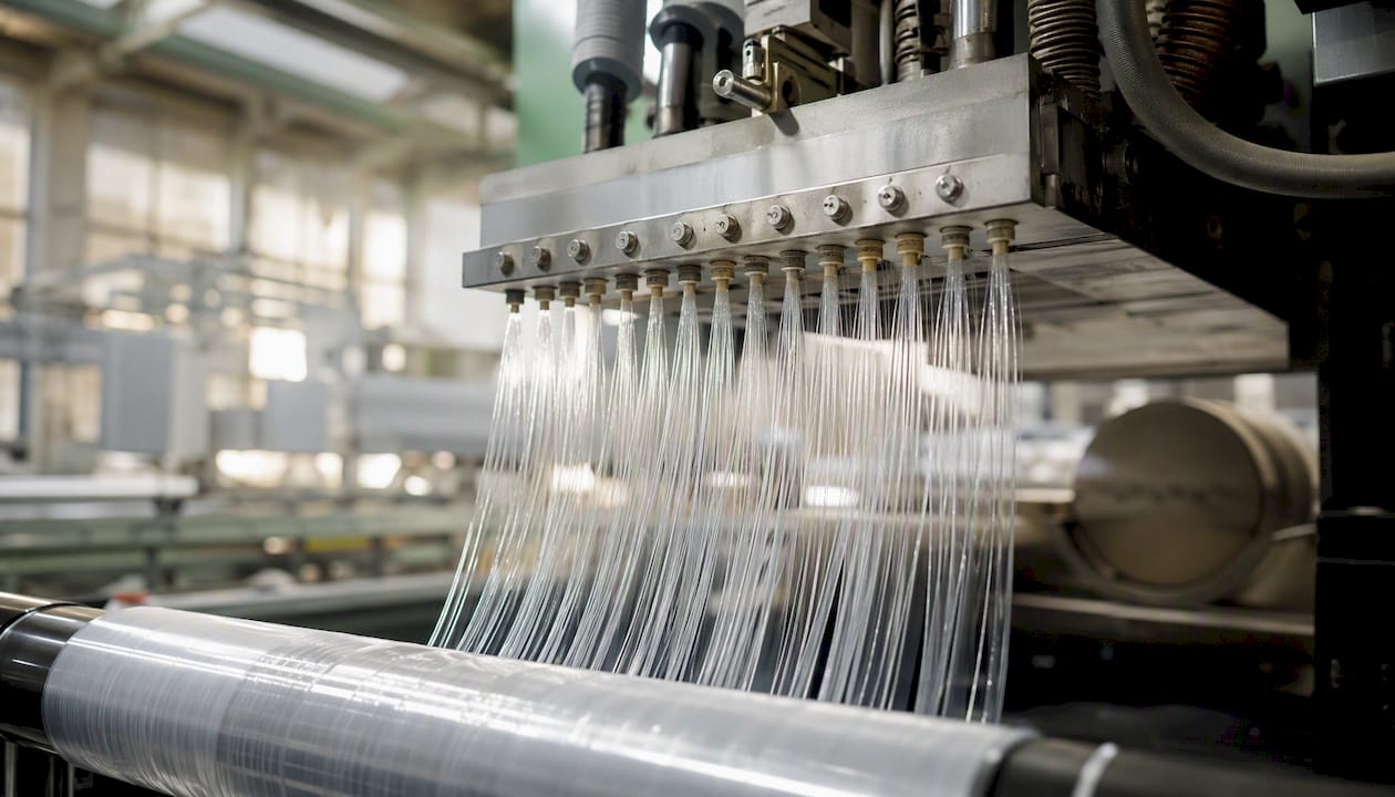 In der Textilfabrik werden recycelte Polyesterfasern zu Garn versponnen.