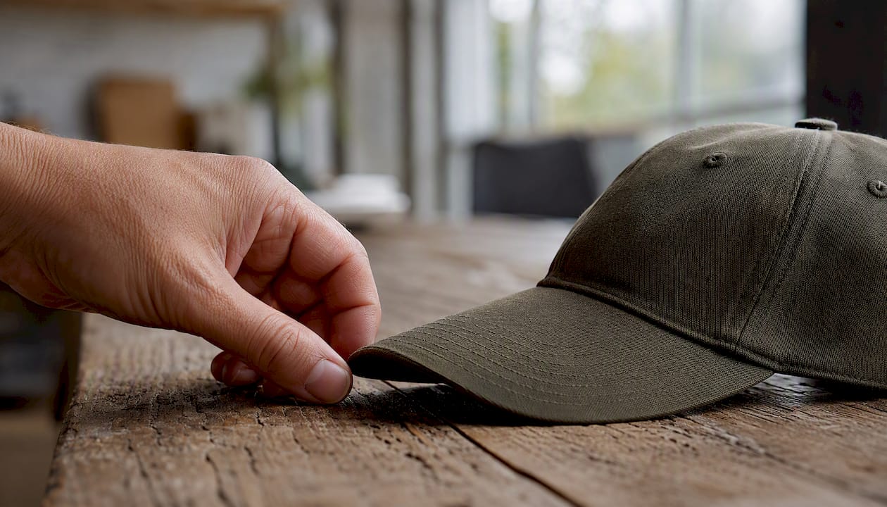 Vérification du matériau de la visière d'une casquette à la main
