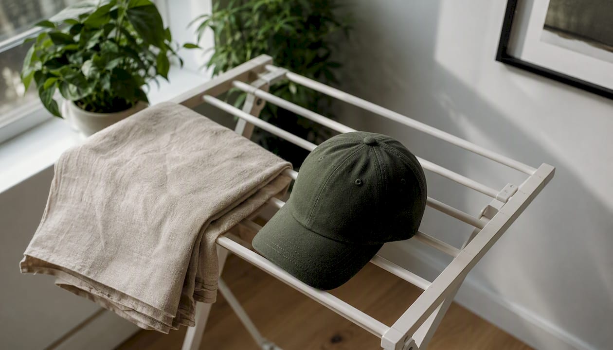 Il est préférable de laisser sécher les casquettes à plat dans un endroit bien ventilé à l'intérieur.