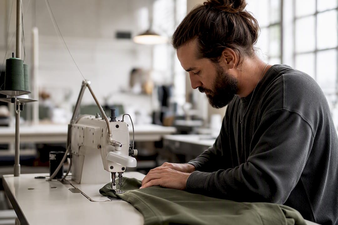 Mit geschickten Händen wird das Bündchen eines Hoodies sorgfältig vernäht.