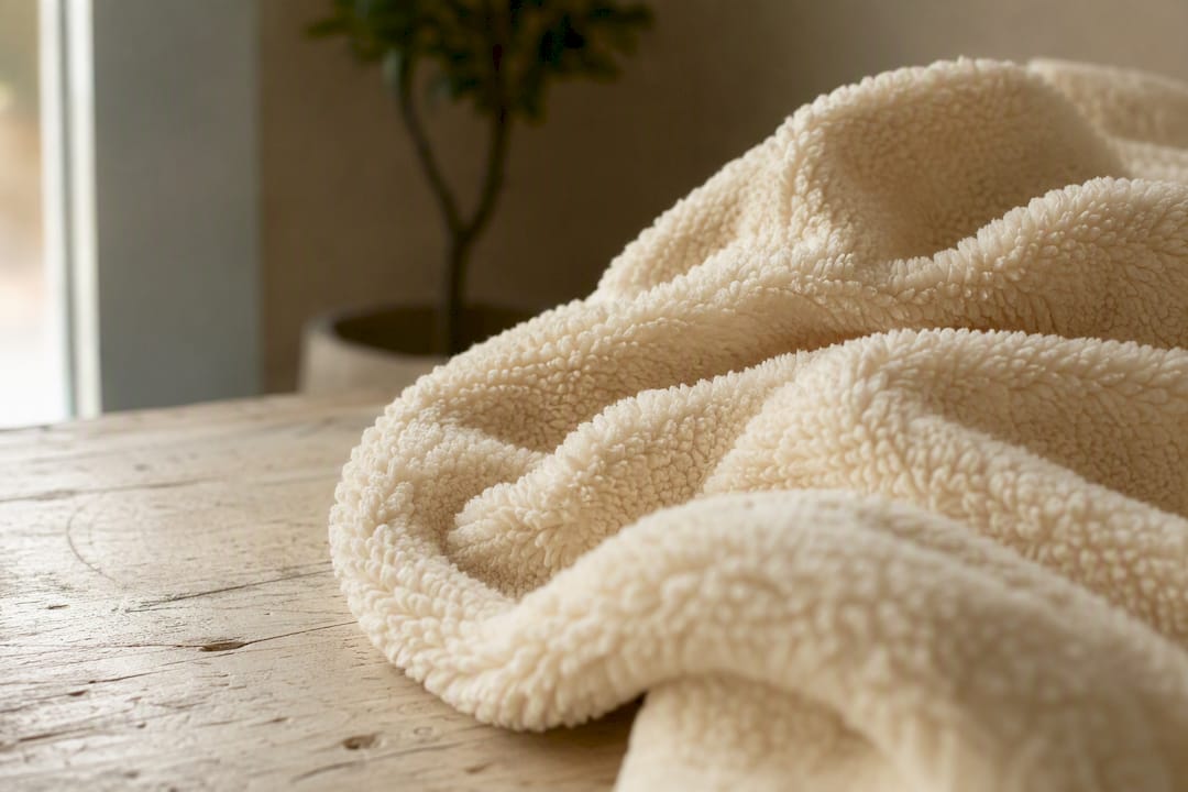Fein strukturierte Sherpa-Fleece-Oberfläche mit sichtbarem, flauschigem Flor
