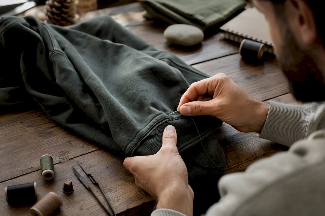 Mit geschickten Händen wird Stickerei auf einem Sweatshirt ausgebessert.