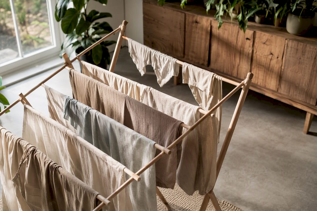 Kleidung trocknet an der Luft neben einem offenen Fenster im Wohnzimmer