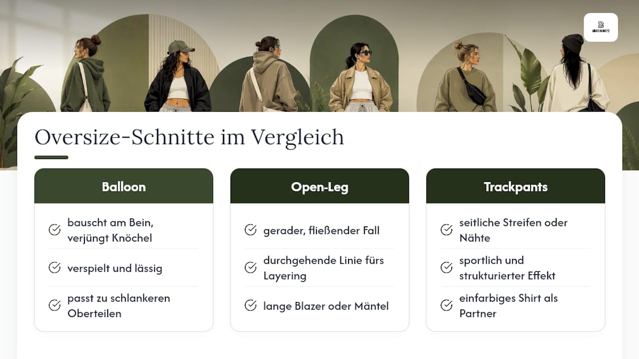 Diagramm mit Vergleich von drei Schnitten oversized Jogginghosen und Stylingtipps