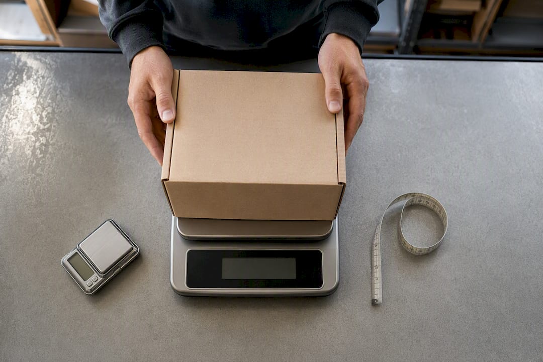 Versandpaket wird für die internationale Zollkontrolle gewogen