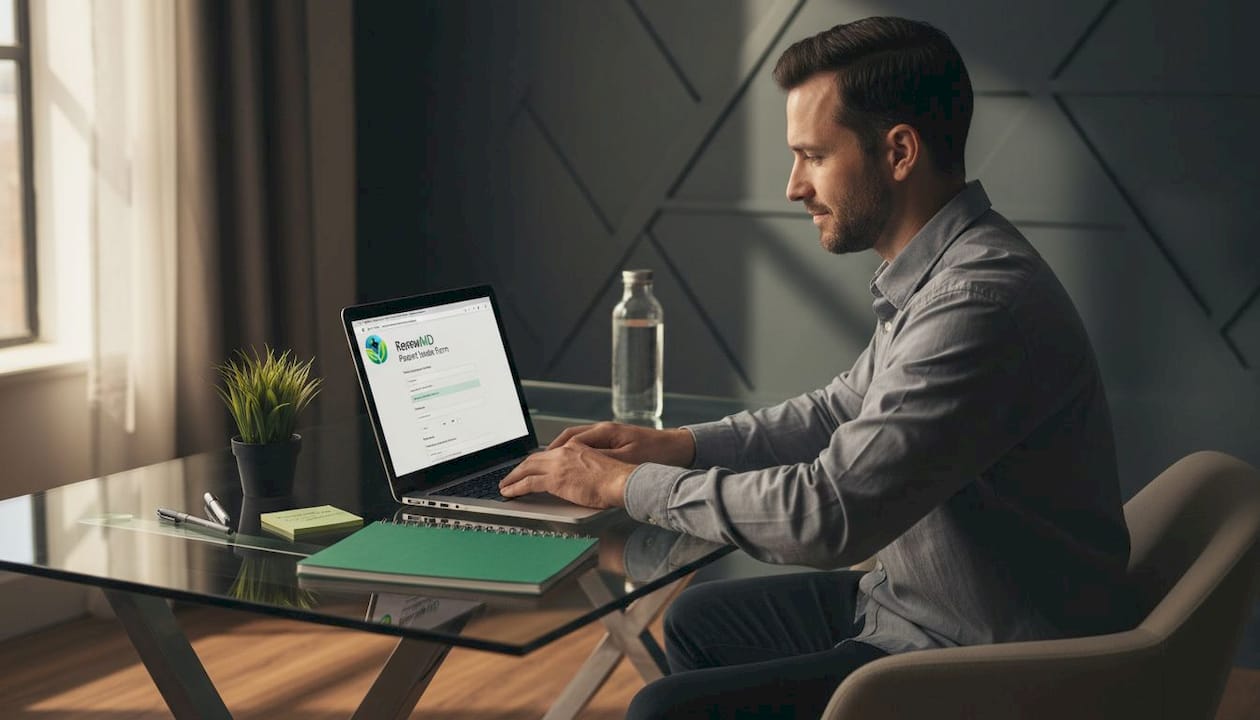 Man completing telehealth intake in kitchen