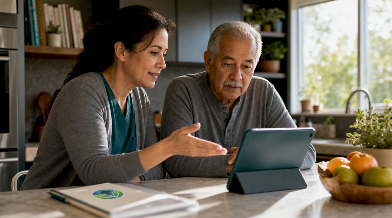 Caregiver assisting senior with tablet setup