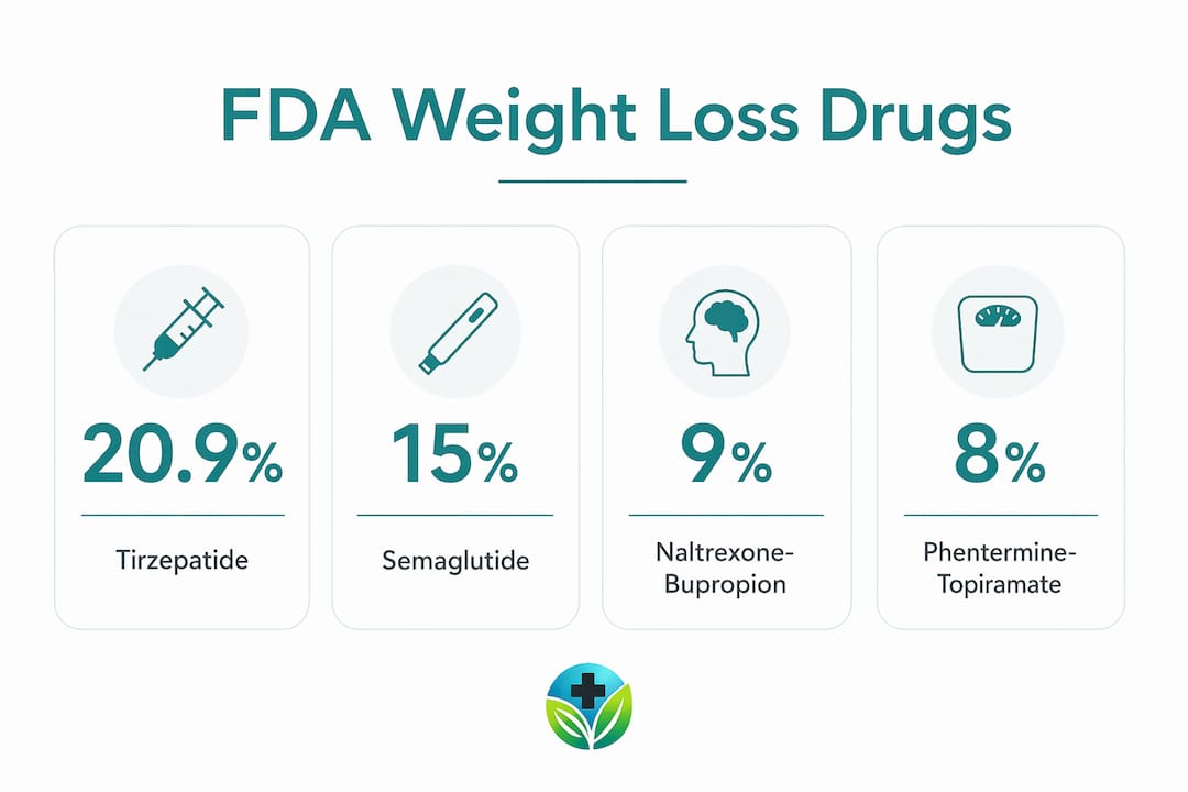Infographic showing comparison of FDA-approved weight loss drugs with efficacy percentages