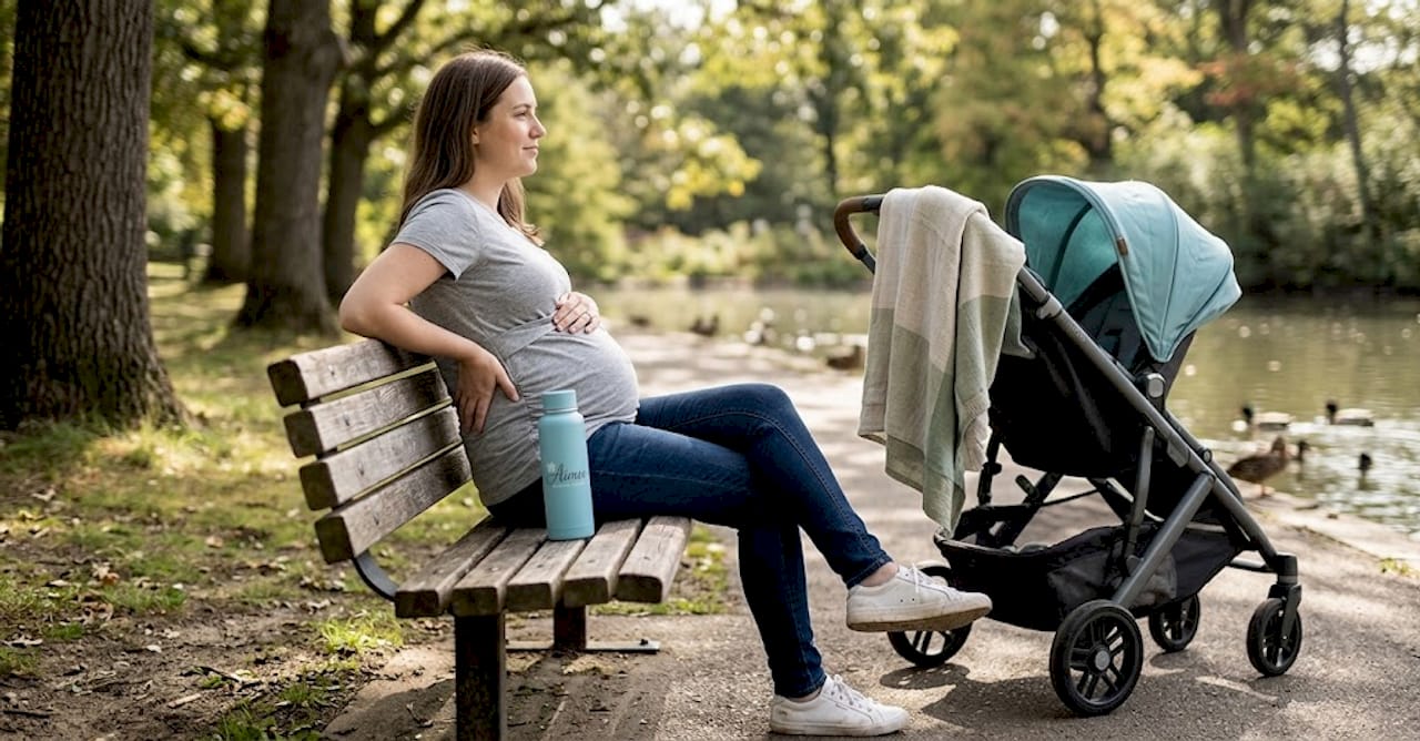 Pregnant woman on park bench supporting lower back
