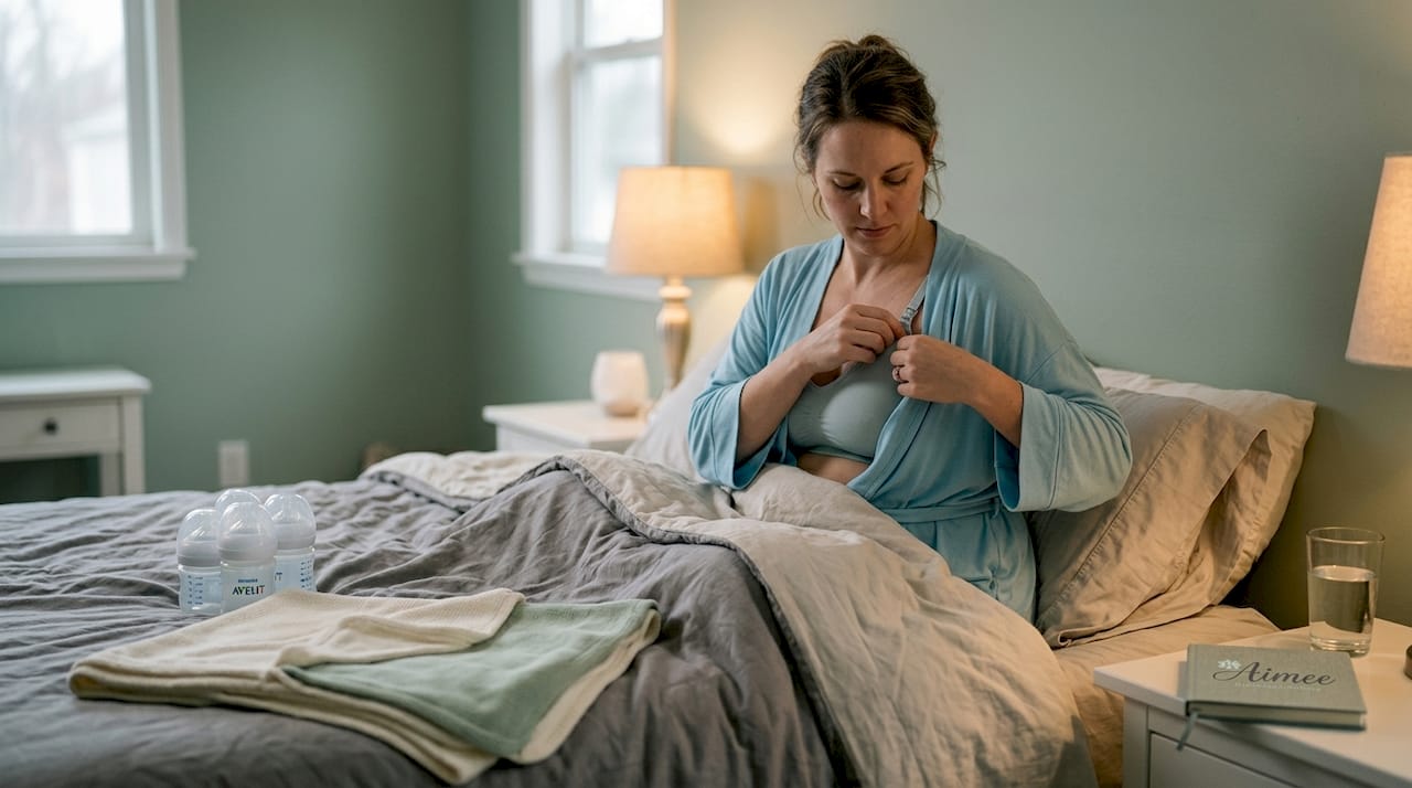 Mother adjusting nursing bra in softly lit bedroom