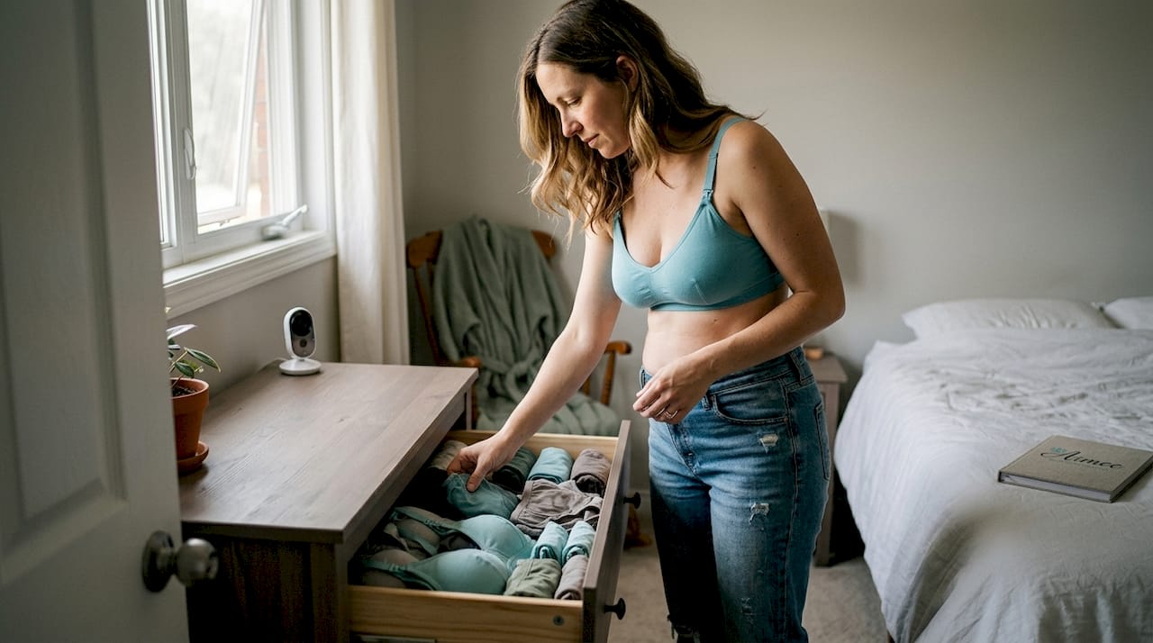 Woman choosing nursing bra in cozy bedroom
