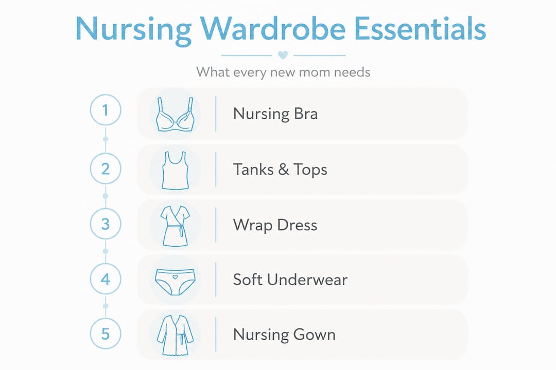Vertical infographic listing essential nursing wardrobe pieces