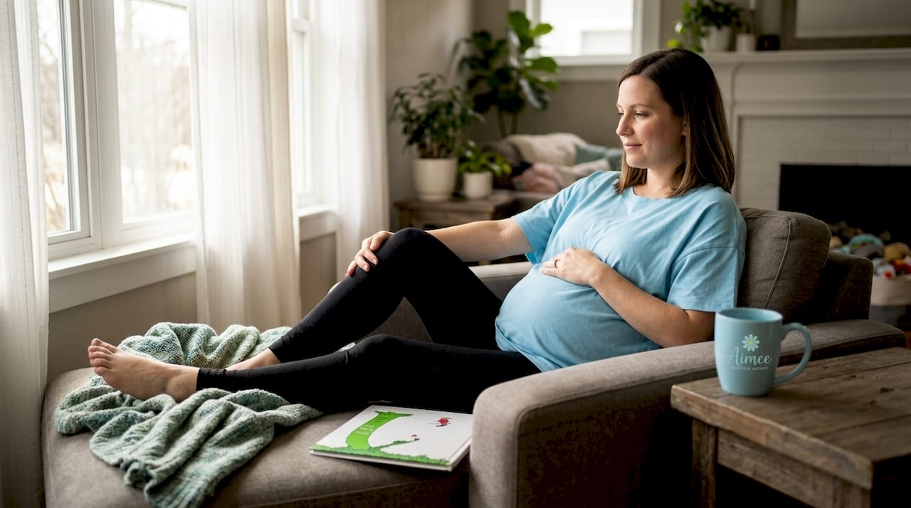 Pregnant woman wearing maternity leggings relaxing at home