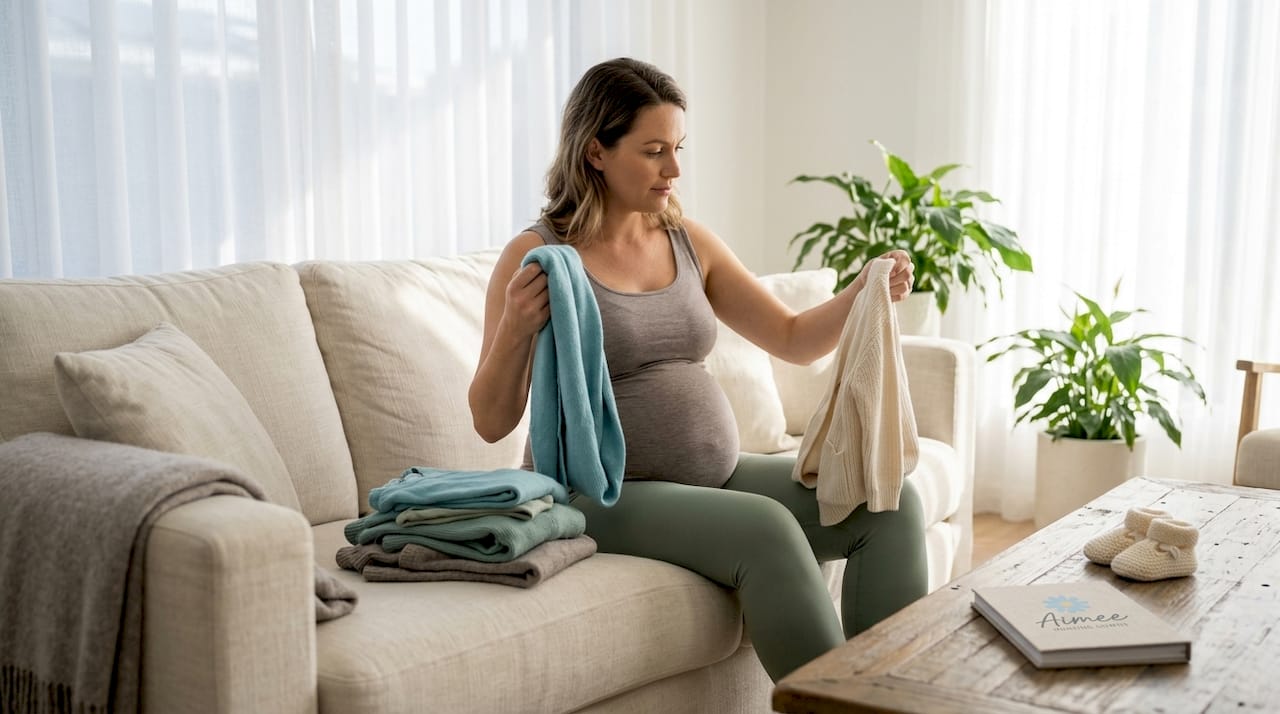 Pregnant woman chooses comfortable layering pieces
