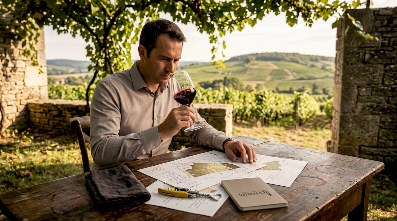 Sommelier tasting wine at vineyard table