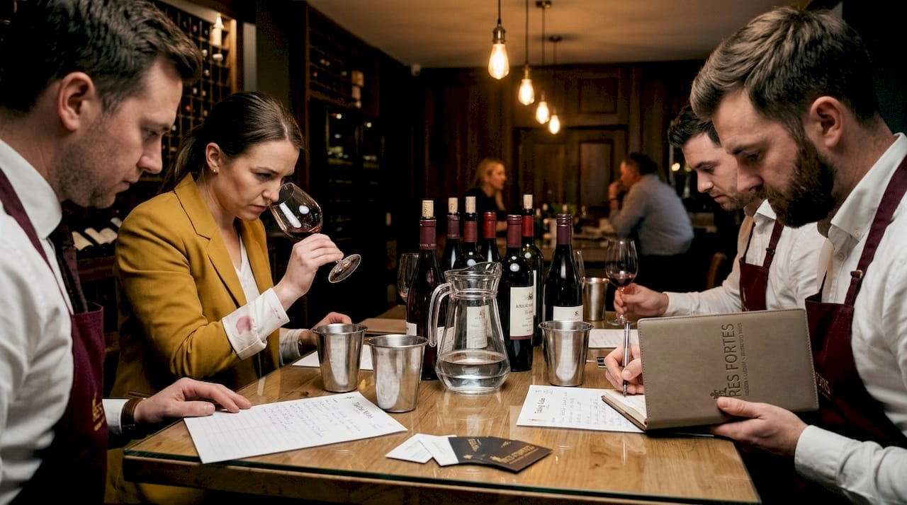 Sommeliers tasting wine portfolio with notes