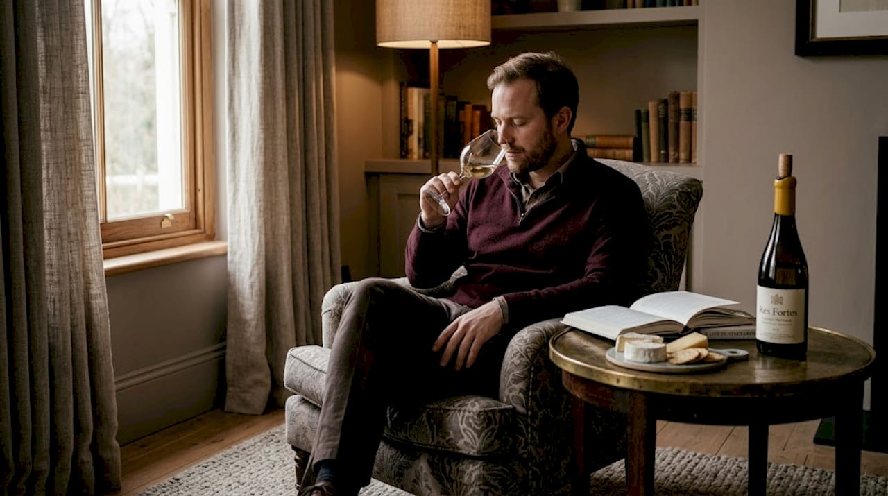 Man smelling white wine in living room