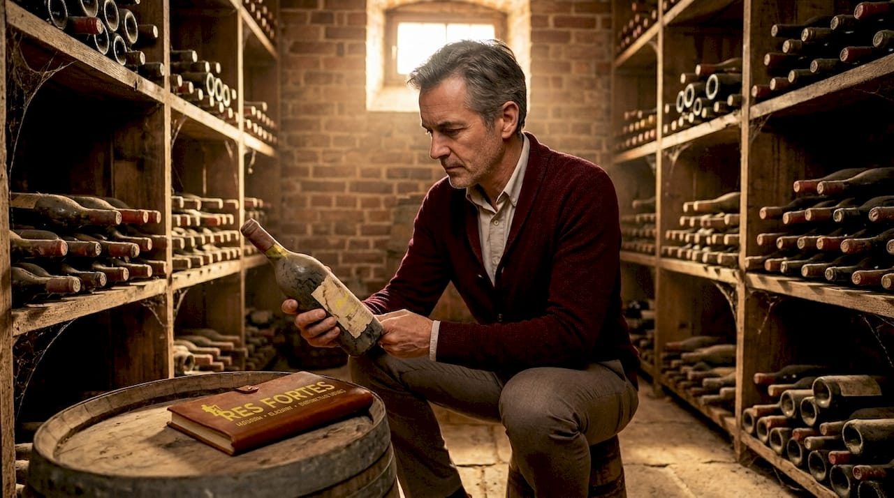 Collector examining French wine bottle in cellar
