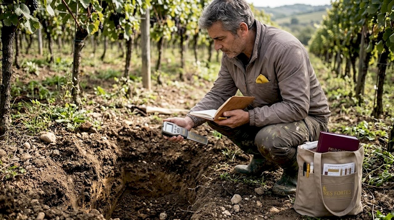 Viticultural consultant assessing vineyard soil conditions
