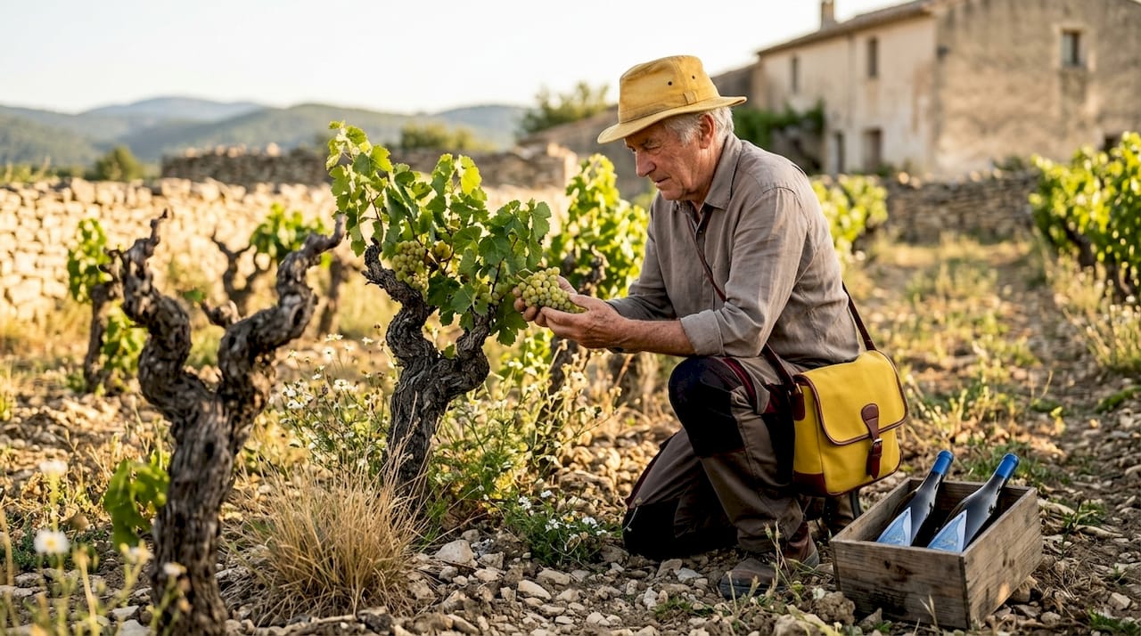Vintner inspecting old vines in France