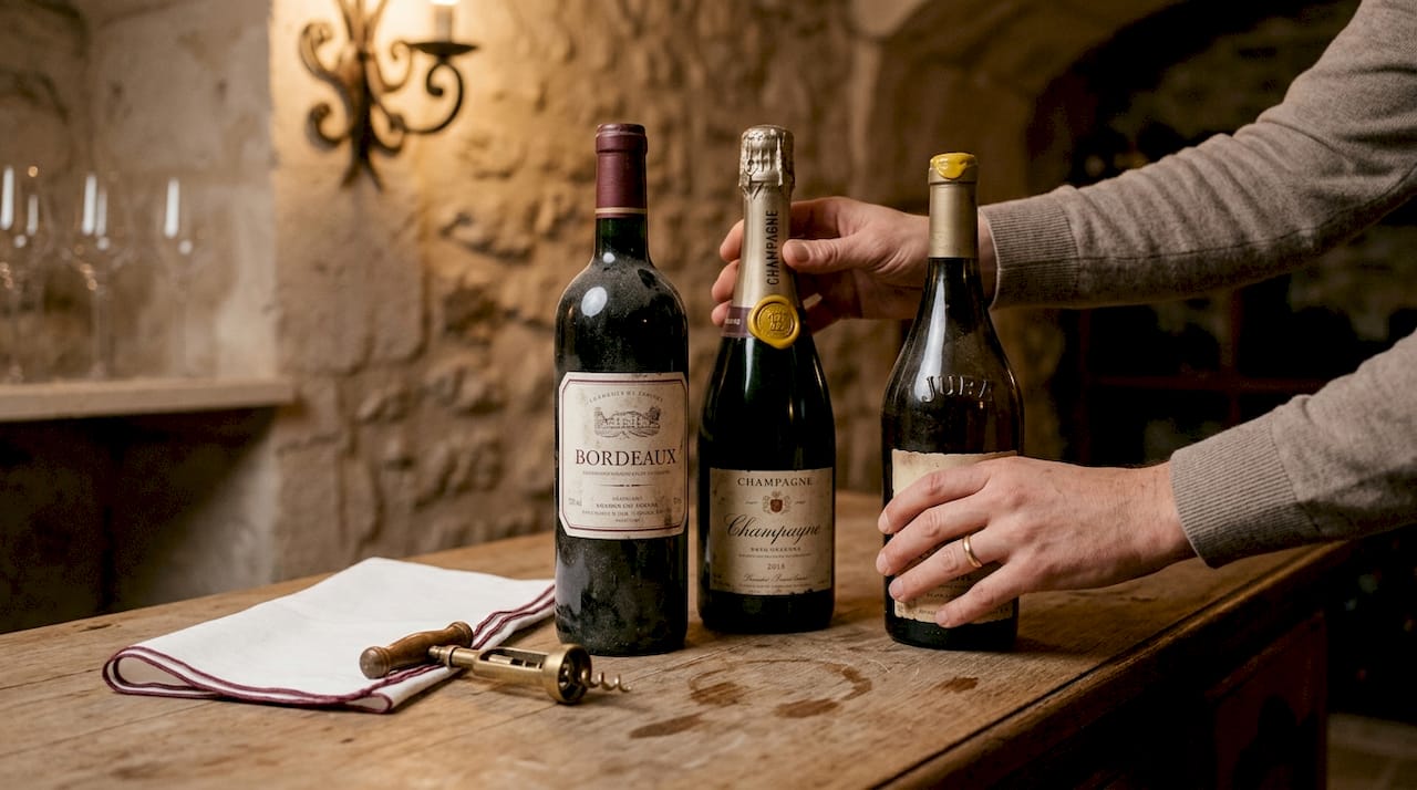 Arranging prestige French wine bottles, dining room