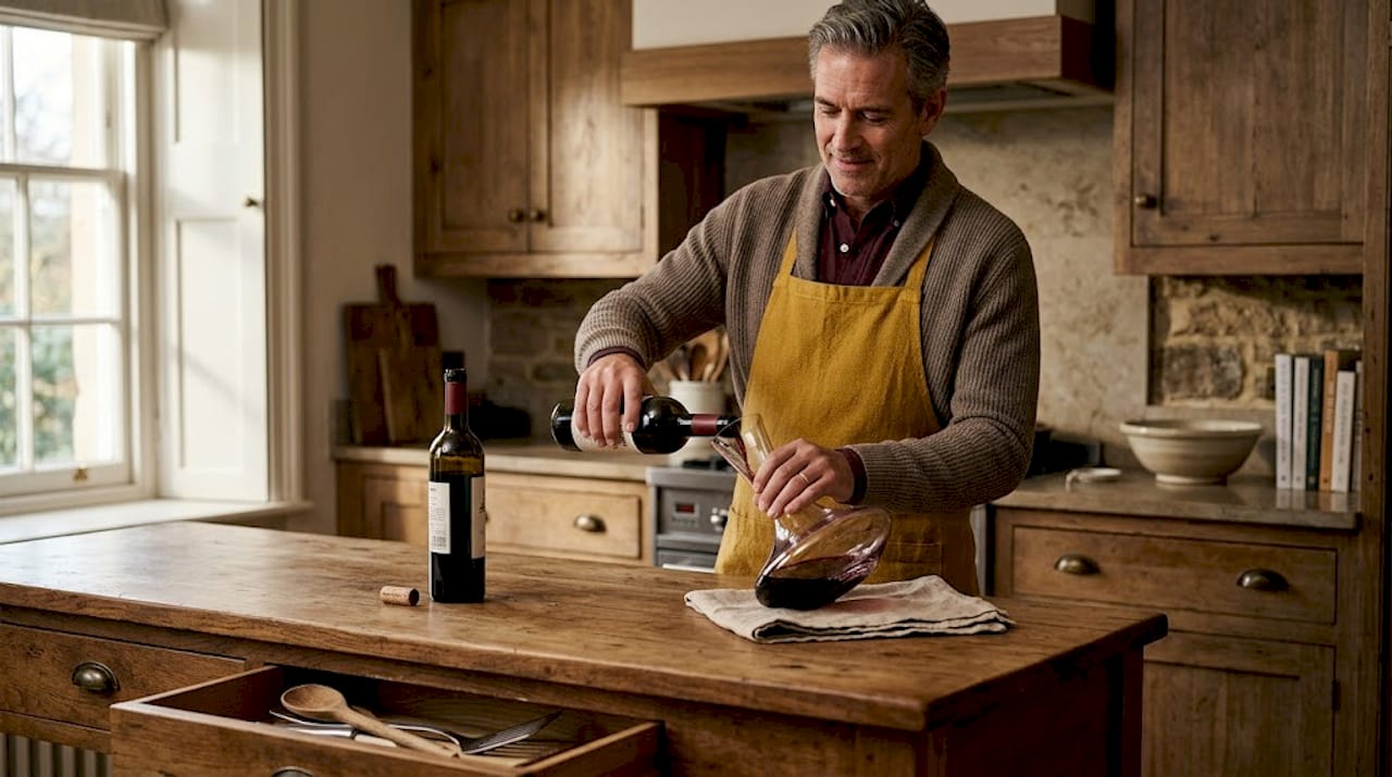 Man decanting red wine in kitchen