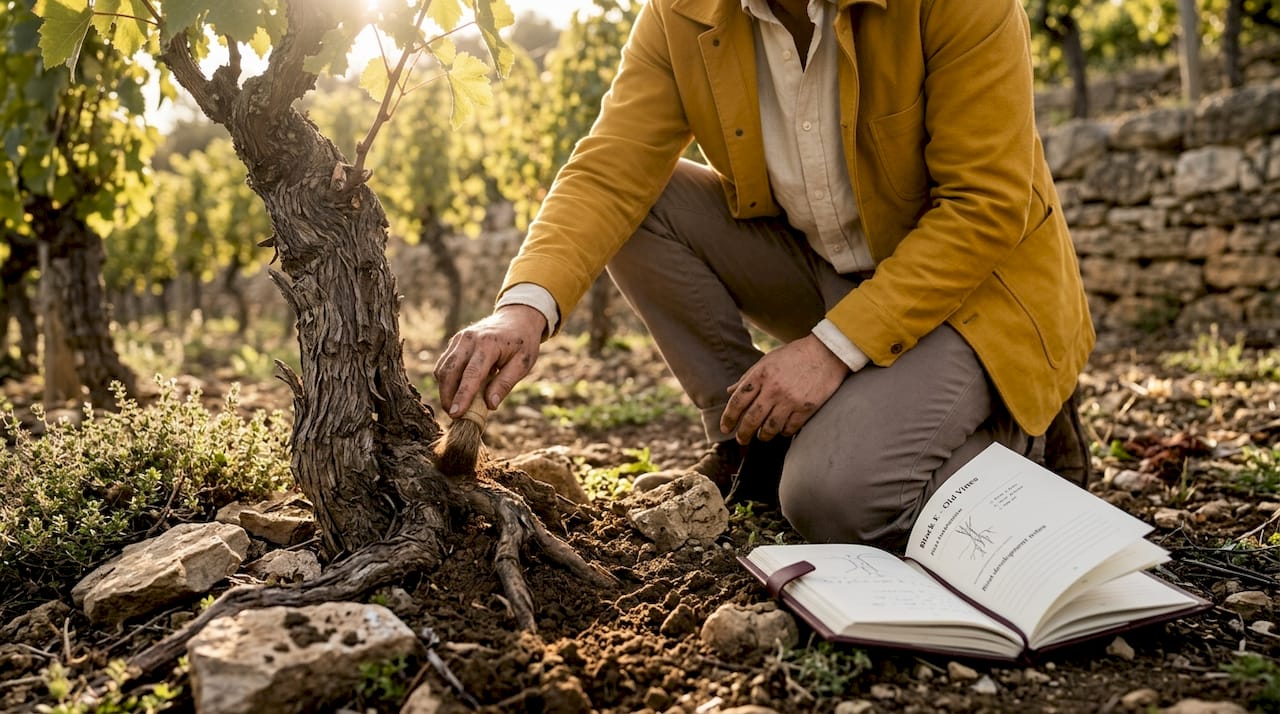 Viticulturist examining old vine roots