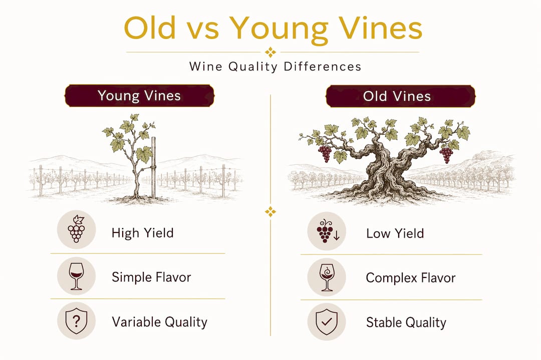 Infographic comparing old and young vine wine qualities