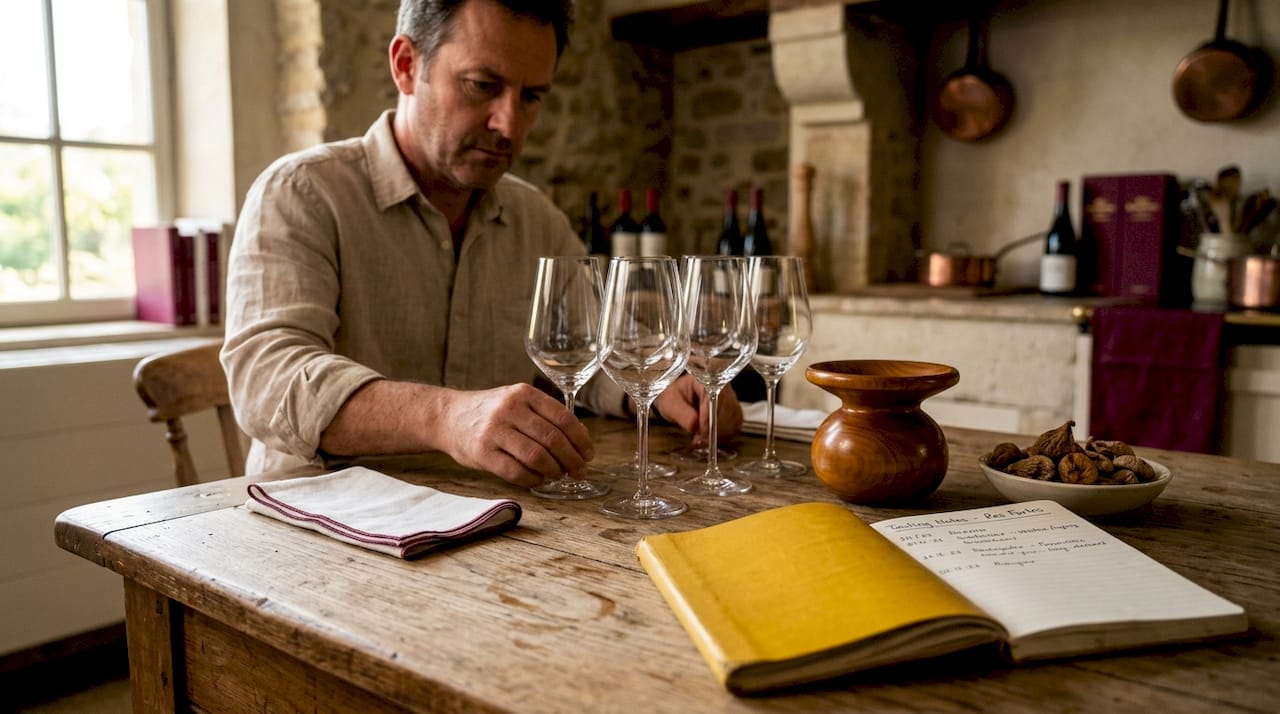 Wine glasses and tasting setup in kitchen