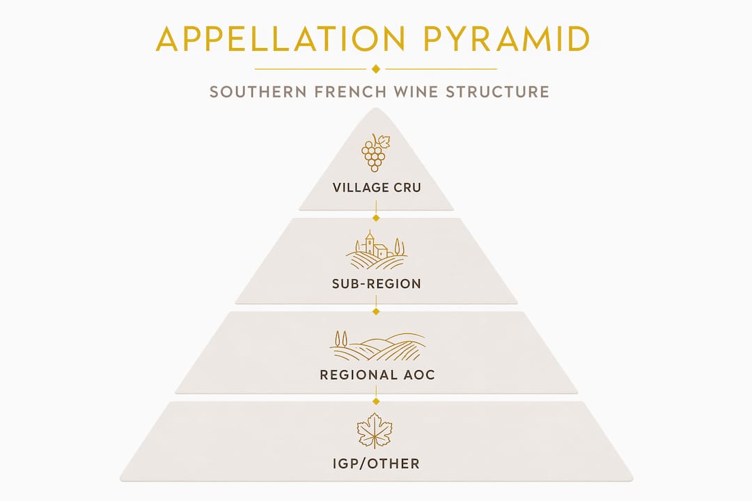 Infographic depicting southern French wine hierarchy pyramid
