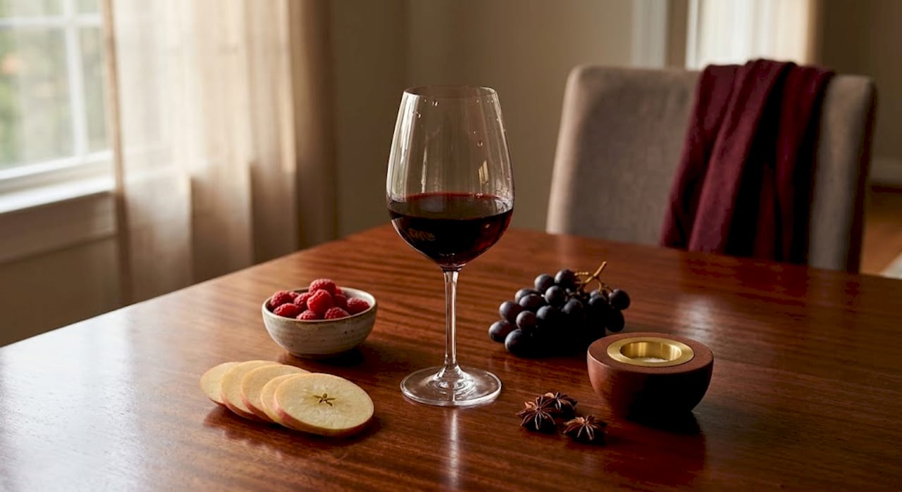 Red wine glass with fruit and spices