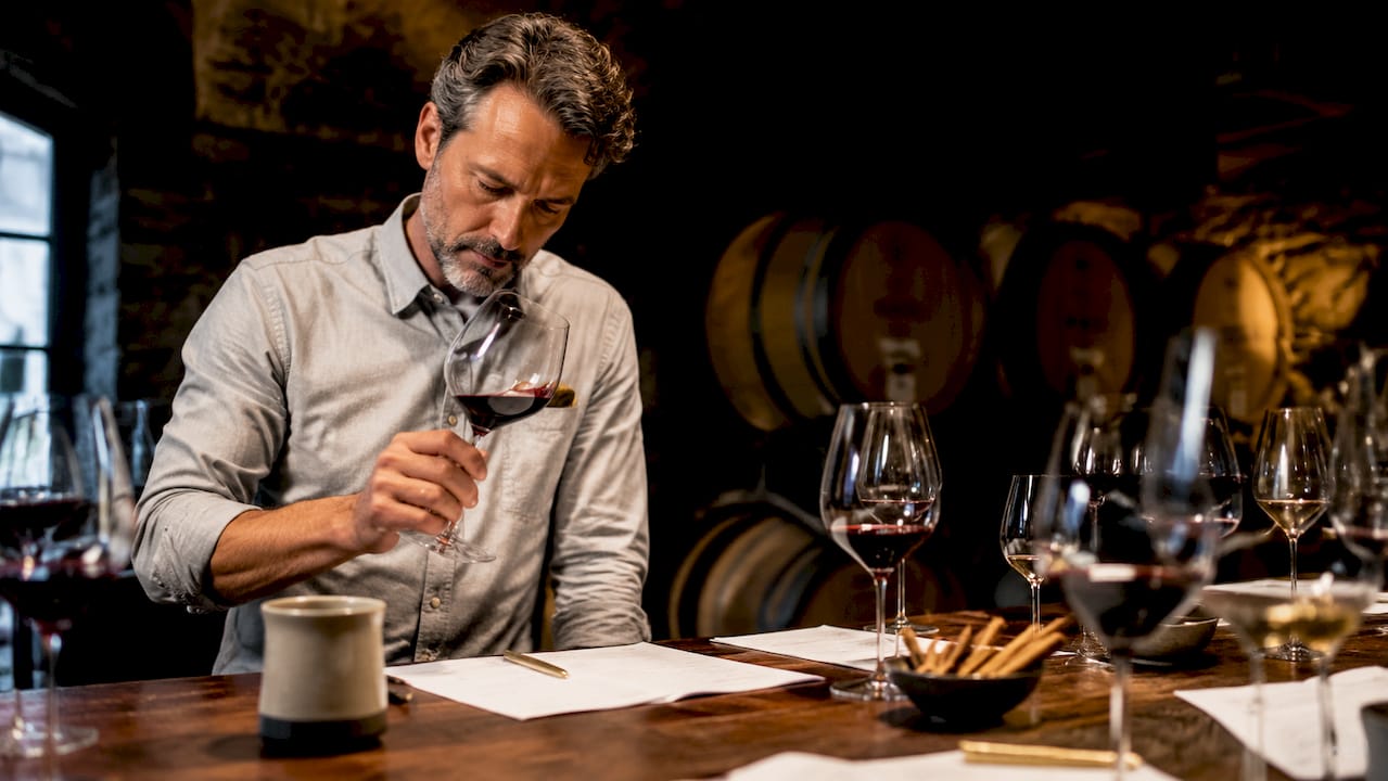Sommelier tasting wine at competition table