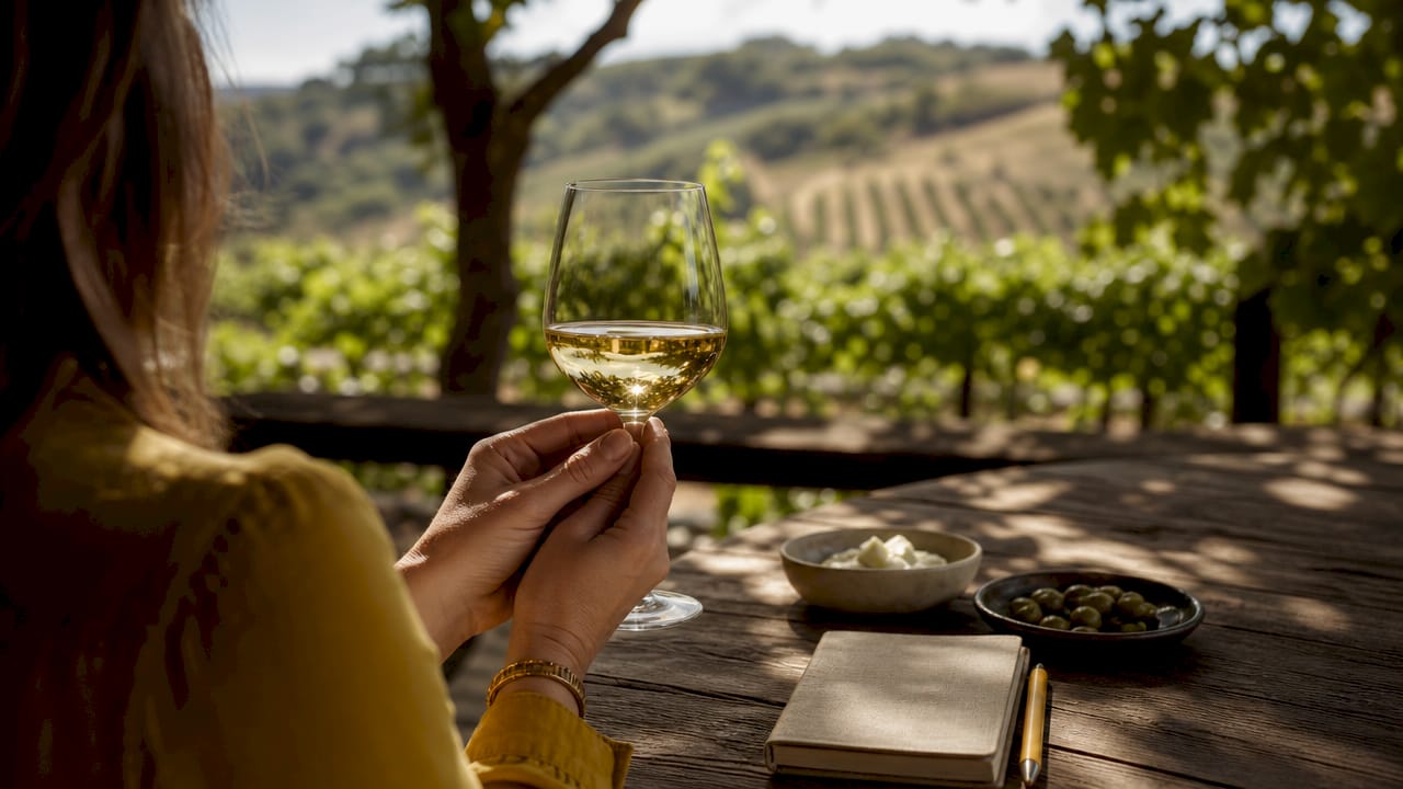Hands holding glass of pale white Roussillon wine