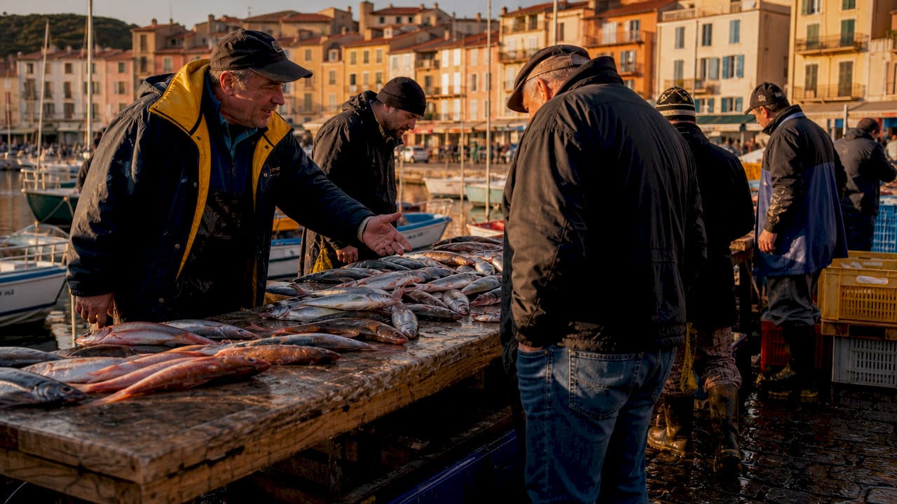 Busy fish auction at Port-Vendres quay