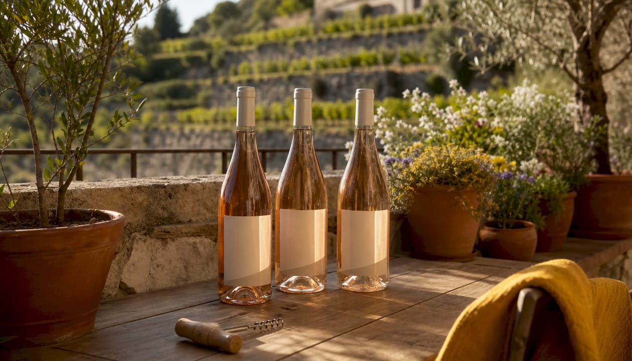 Provence rosé wine bottles on rustic table