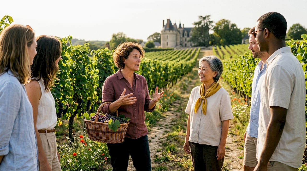 Tour group listening to vineyard guide outdoors
