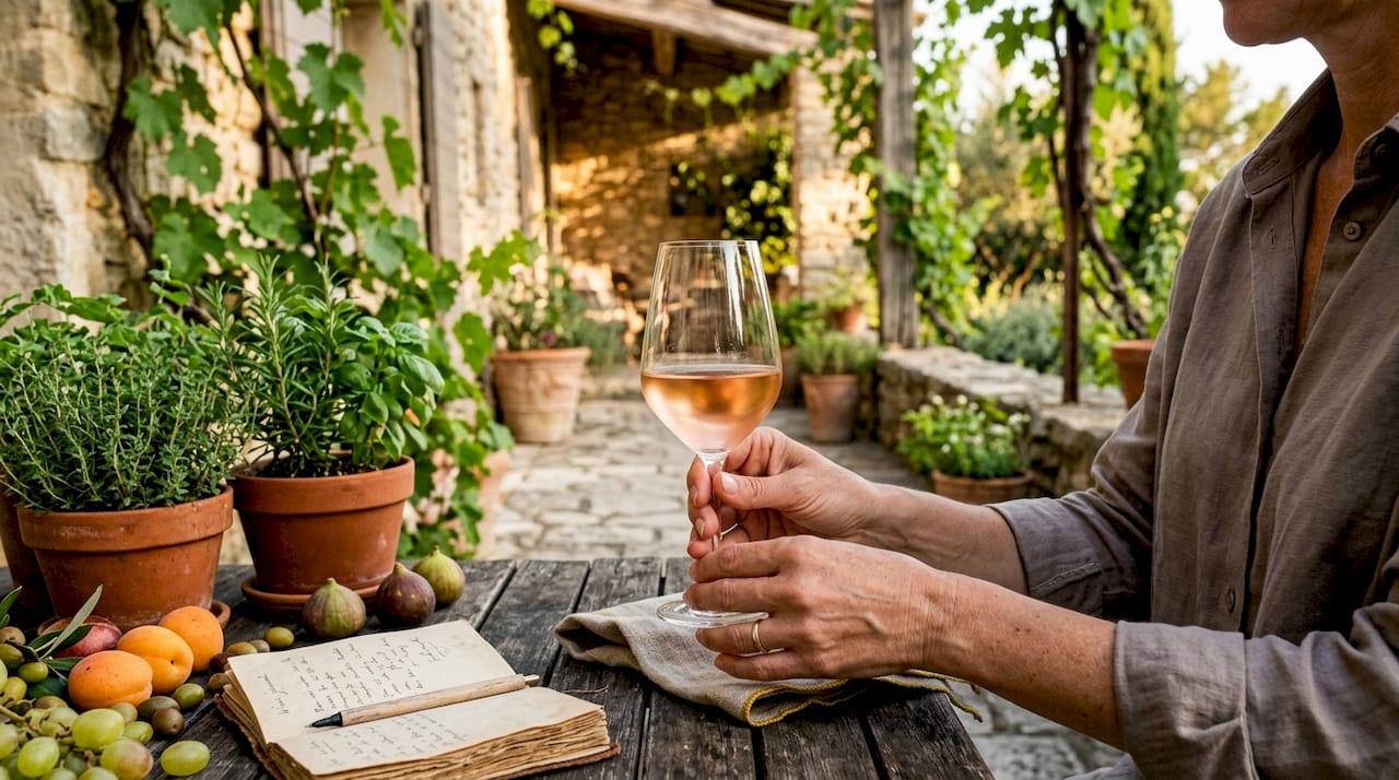 Hands holding glass of rosé wine in cellar
