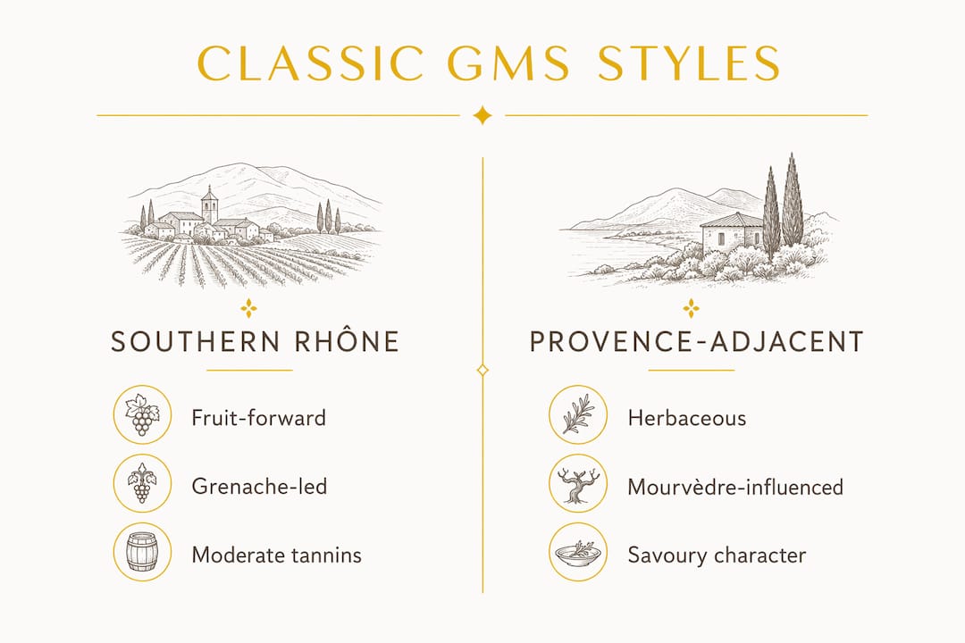 Infographic comparing classic GMS wine styles