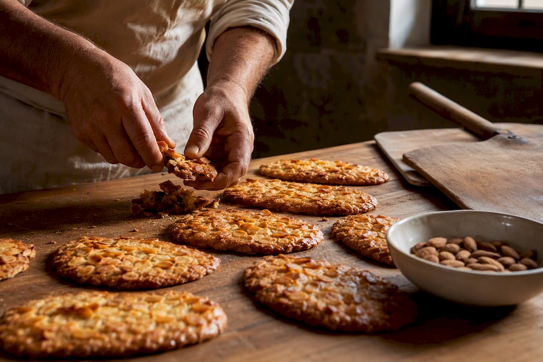 Baker arranging handmade almond croquant pastries